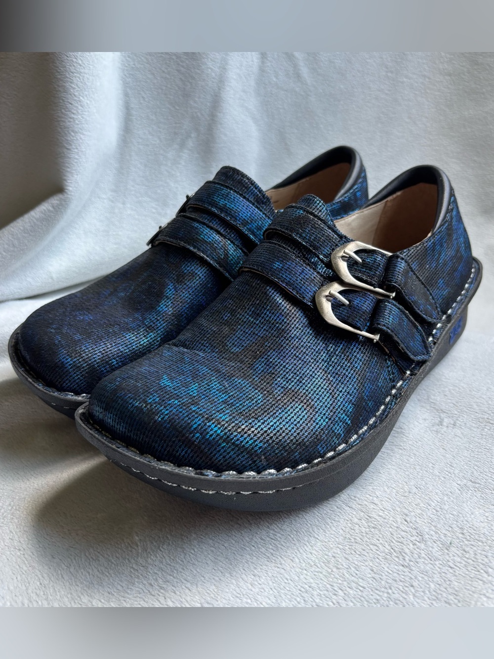 Alegria Women's Allie Blue Twist Double-Buckle Clog Flats